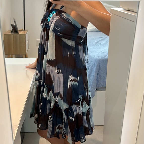 Women small brown blue cocktail halter dress with bead gems details on bust Y2K - Picture 3 of 8